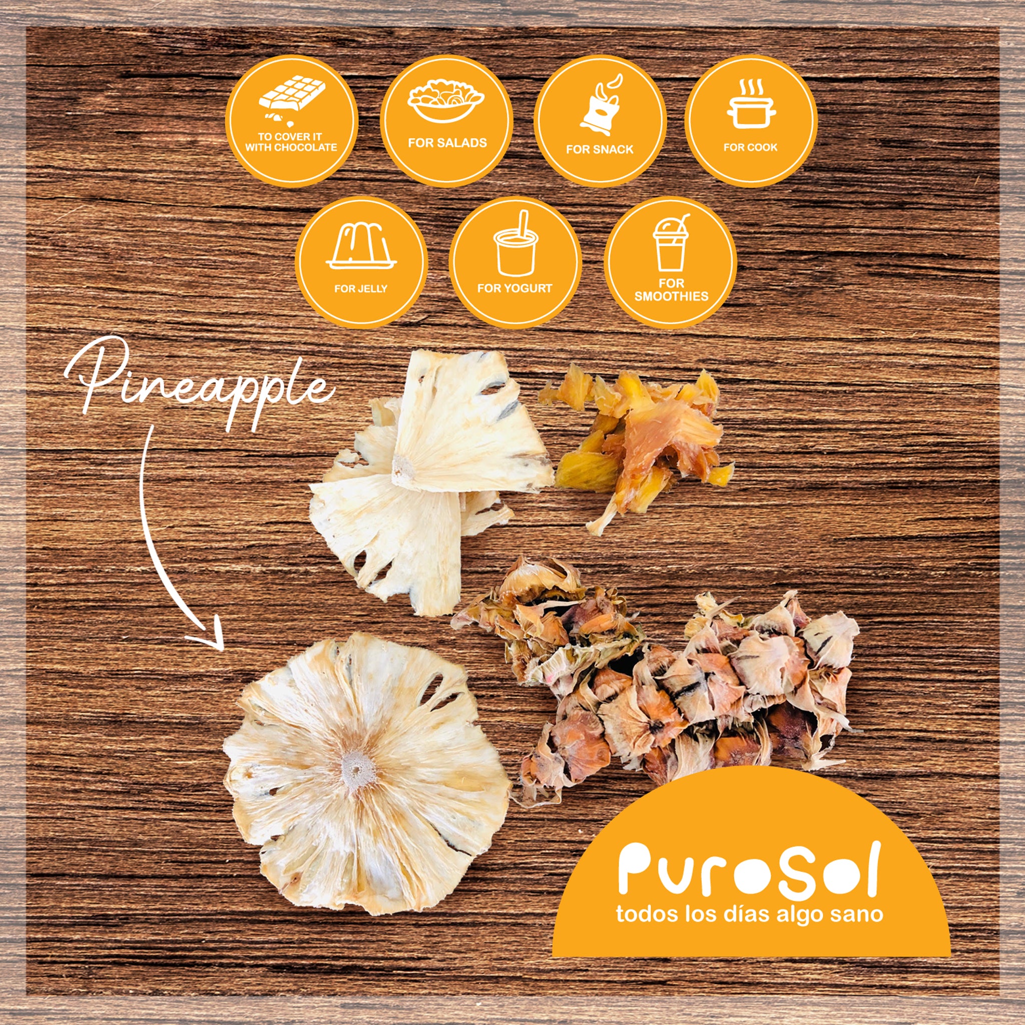 Sun Dried Sliced Pineapple with Peel by PuroSol (217 gr.)-healthy snacks sun-dried in Guatemala, dehydrated fruits and herbs for all of your culinary creations
