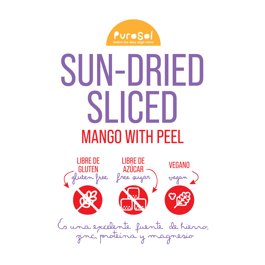 Sun Dried Sliced Mango with Peel by PuroSol (217 gr.)-healthy snacks sun-dried in Guatemala, dehydrated fruits and herbs for all of your culinary creations